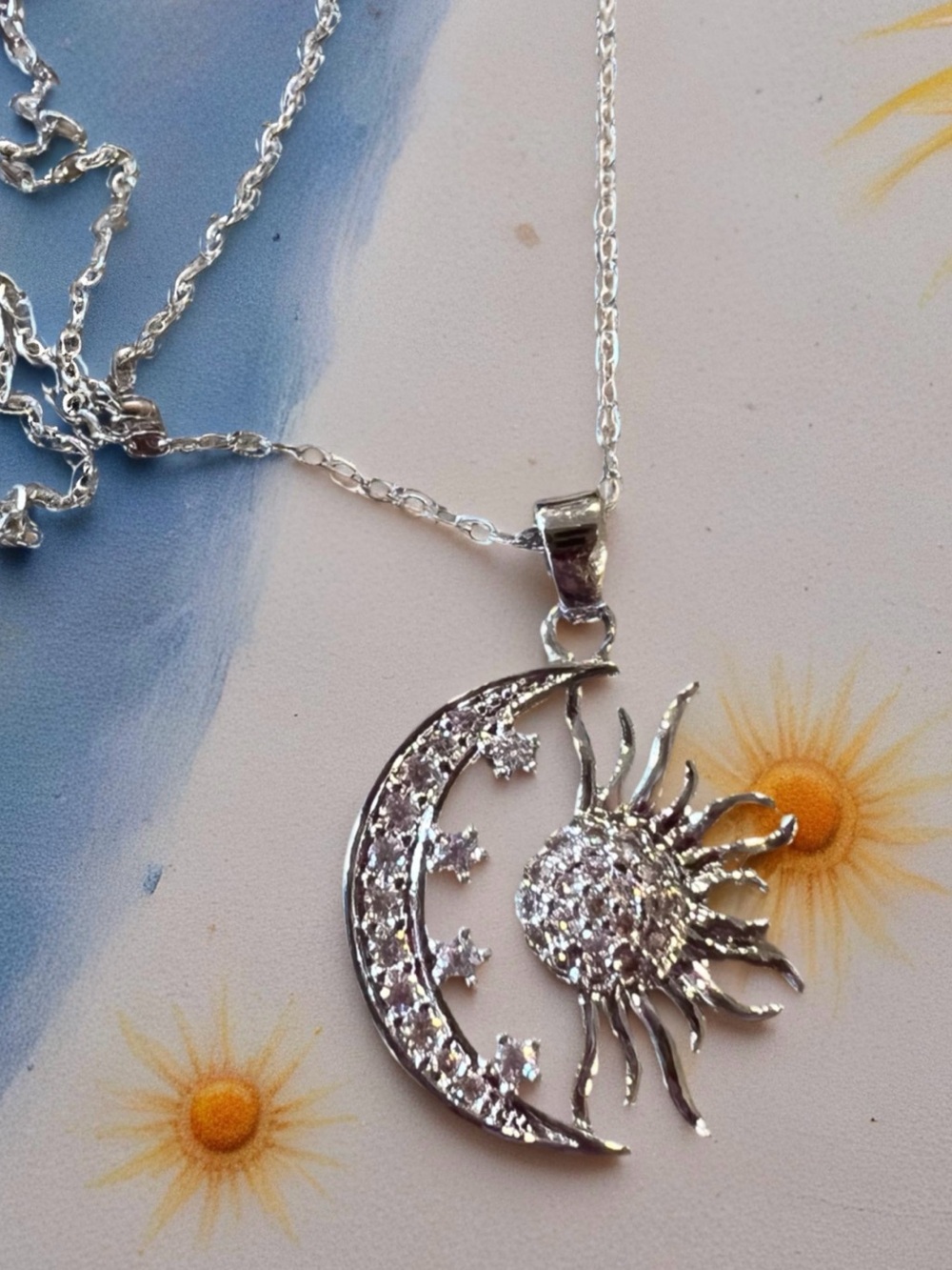Silver Sun, Stars, and Moon Pendant Necklace - Celestial Sparkle - Picture 10 of 17